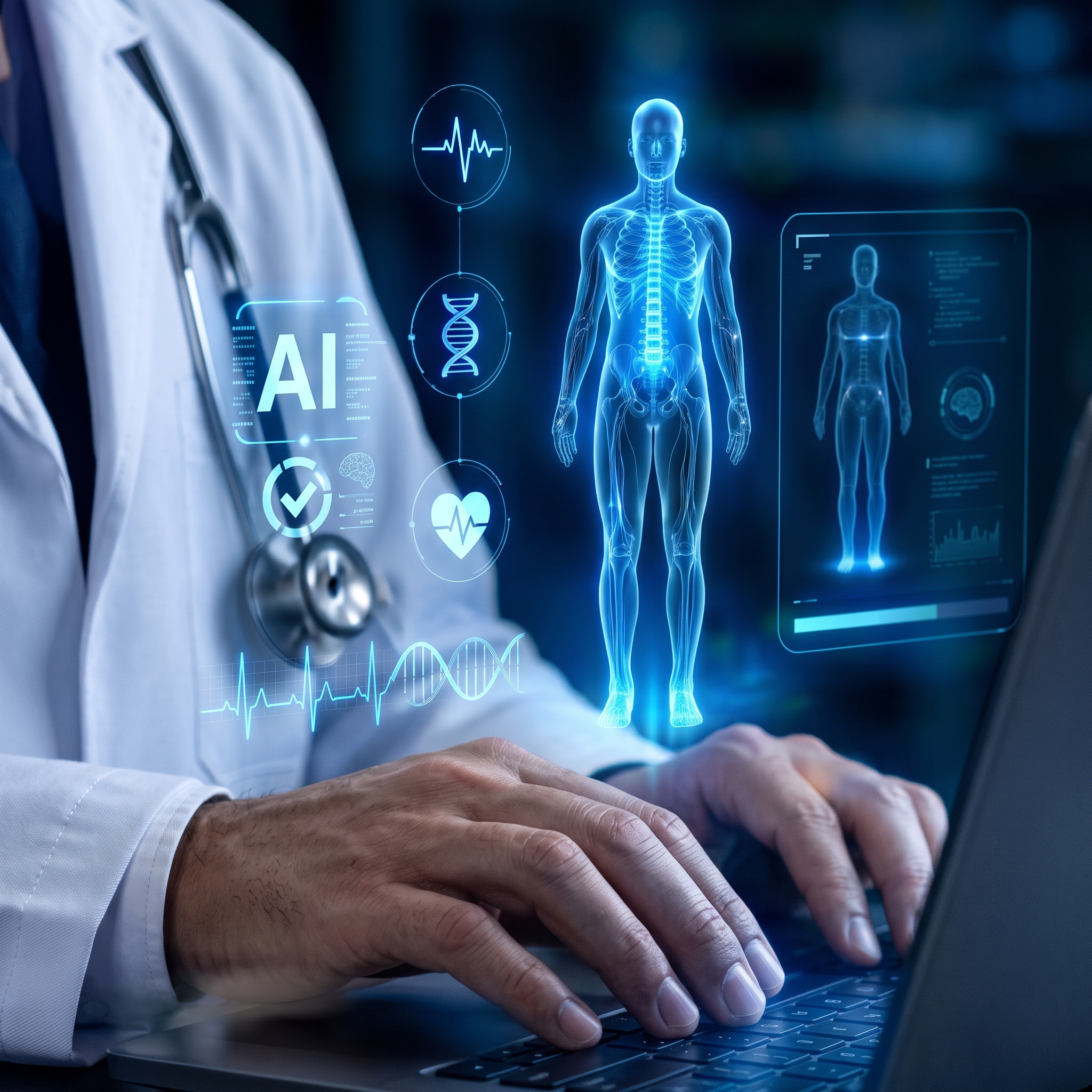 Médico conectado a tecnología de inteligencia artificial para diagnóstico digital